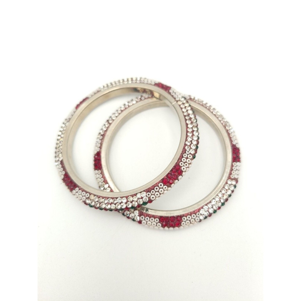 Vintage Bangle Bracelets 2pc Red & Green Rhinestones White Beads Holiday Jewelry